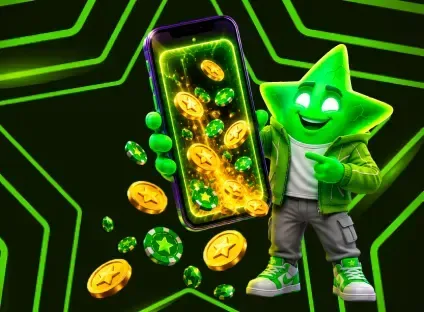 LuckyBoom-ster met smartphone vol munten