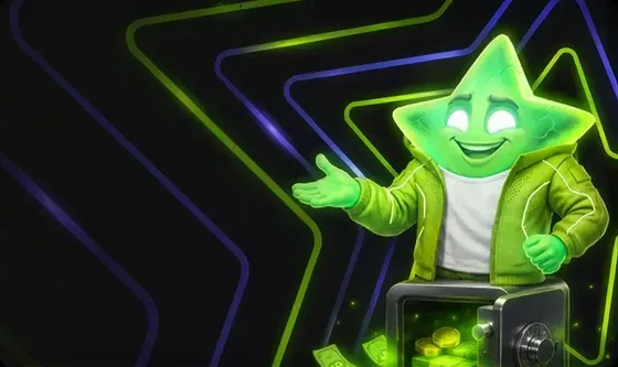 LuckyBoom-ster bij een kluis vol munten