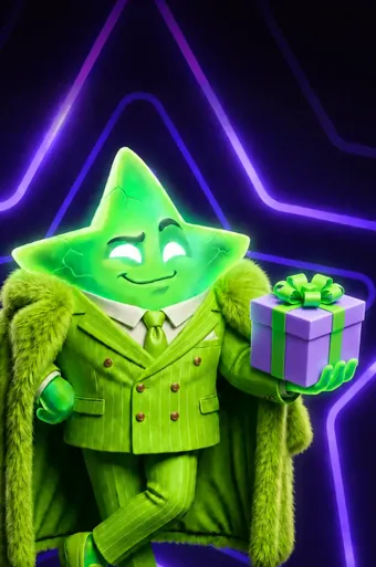 LuckyBoom-ster in groen pak met cadeau