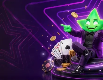 LuckyBoom-ster in smoking met kaarten en fiches